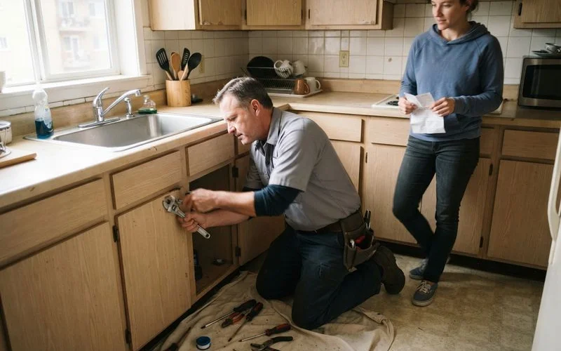 A maintenance technician in a uniform repairs a kitchen faucet inside a bright apartment unit while a resident looks on
