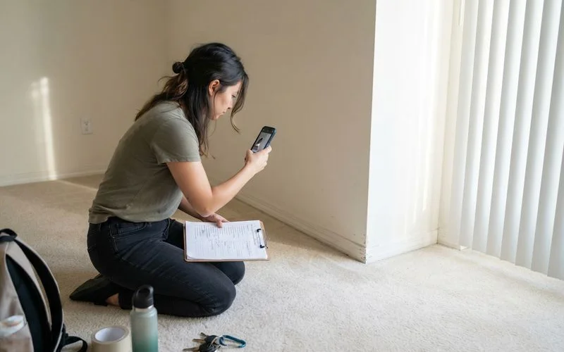 A resident uses a smartphone to photograph a small scuff on an apartment wall during a move-in inspection