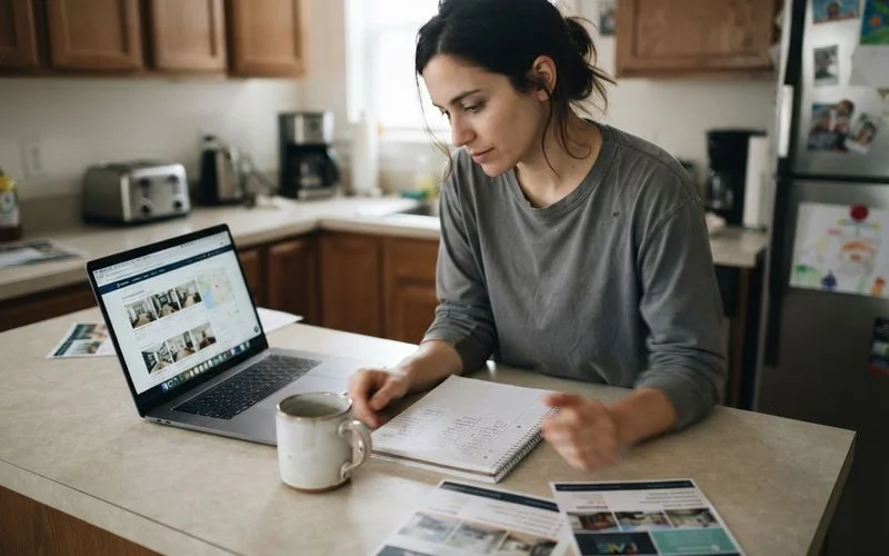A person reviews a printed lease and calculator at a kitchen table while comparing apartment rent totals