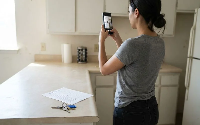 A tenant photographs a wall and flooring with a smartphone during a final apartment walkthrough