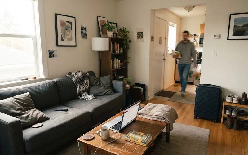 A fully furnished apartment living room with a couch, coffee table, and welcoming decor set up for a short-term stay