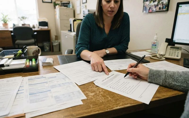 A person reviews housing assistance paperwork and an income eligibility chart at a kitchen table